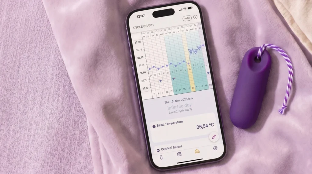 A smartphone lies next to the small purple trackle sensor on a light purple blanket. The screen shows a cycle app with a basal body temperature chart and the text “infertile day”.