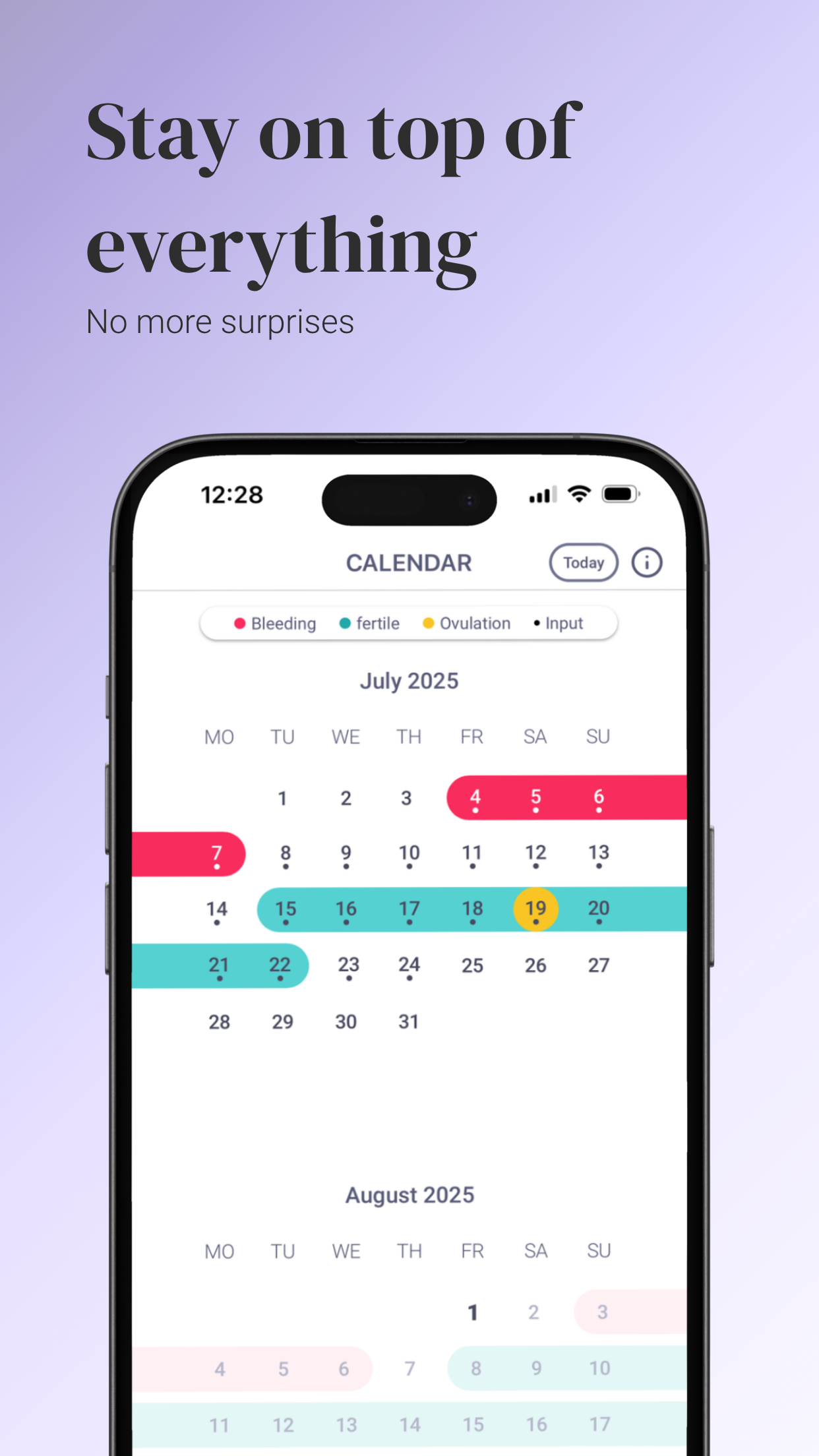 Info graphic with the headline “Stay on top of Everything.” It shows a smartphone displaying the trackle cycle calendar for July and August 2025, with fertile days, menstruation, and ovulation highlighted in different colors.