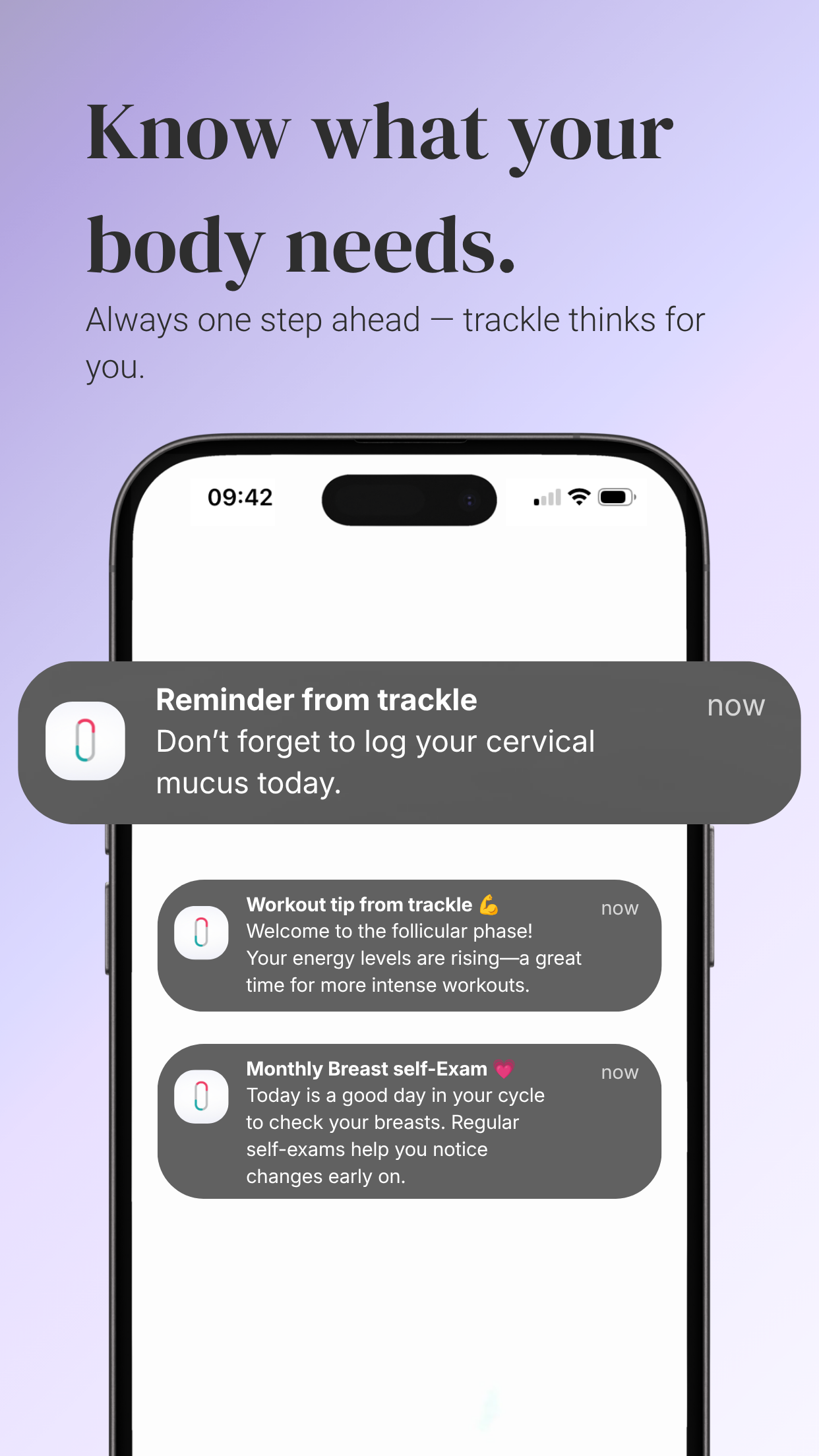 An info graphic titled “Know What Your Body Needs.” The smartphone displays three push notifications from the trackle app: a reminder to log cervical mucus, a workout tip for the follicular phase, and a reminder for the monthly breast self-exam.