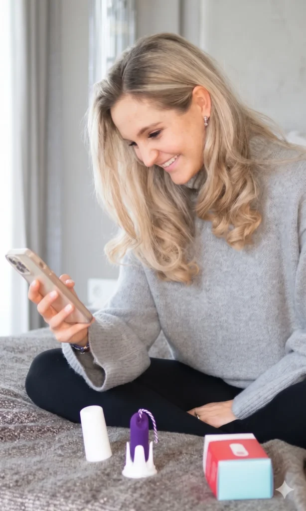 A smiling young woman with blonde hair is sitting comfortably on a bed, holding her smartphone. In front of her on the blanket are the trackle sensor in its purple case and the accompanying packaging. The image illustrates the simple data synchronization between the basal body temperature sensor and the smartphone app.