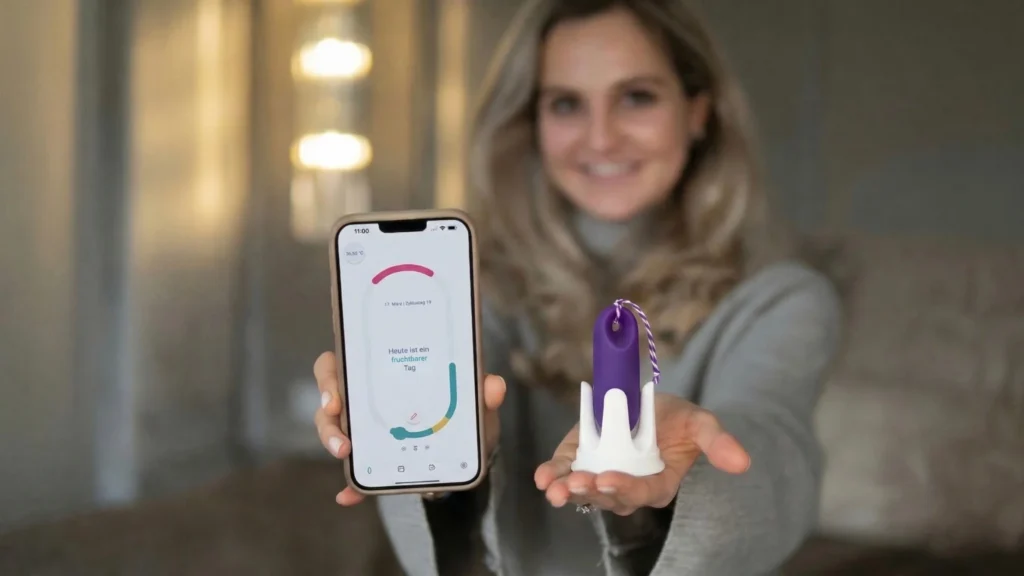 A smiling woman holds the trackle sensor system in a mount and points a smartphone with the cycle app open toward the camera.
