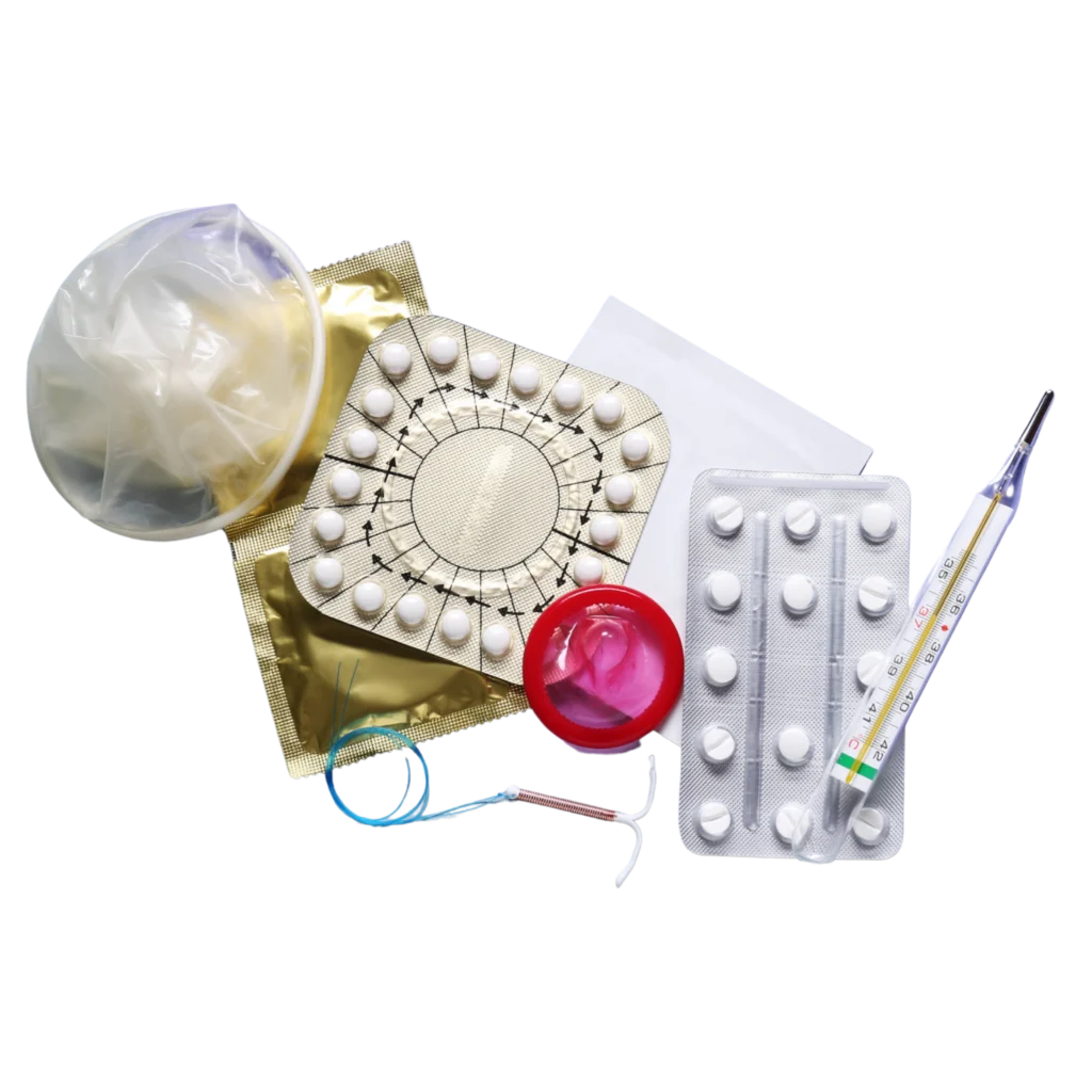Various contraceptives and family planning supplies, such as condoms, birth control pills, a copper IUD, and a clinical thermometer.
